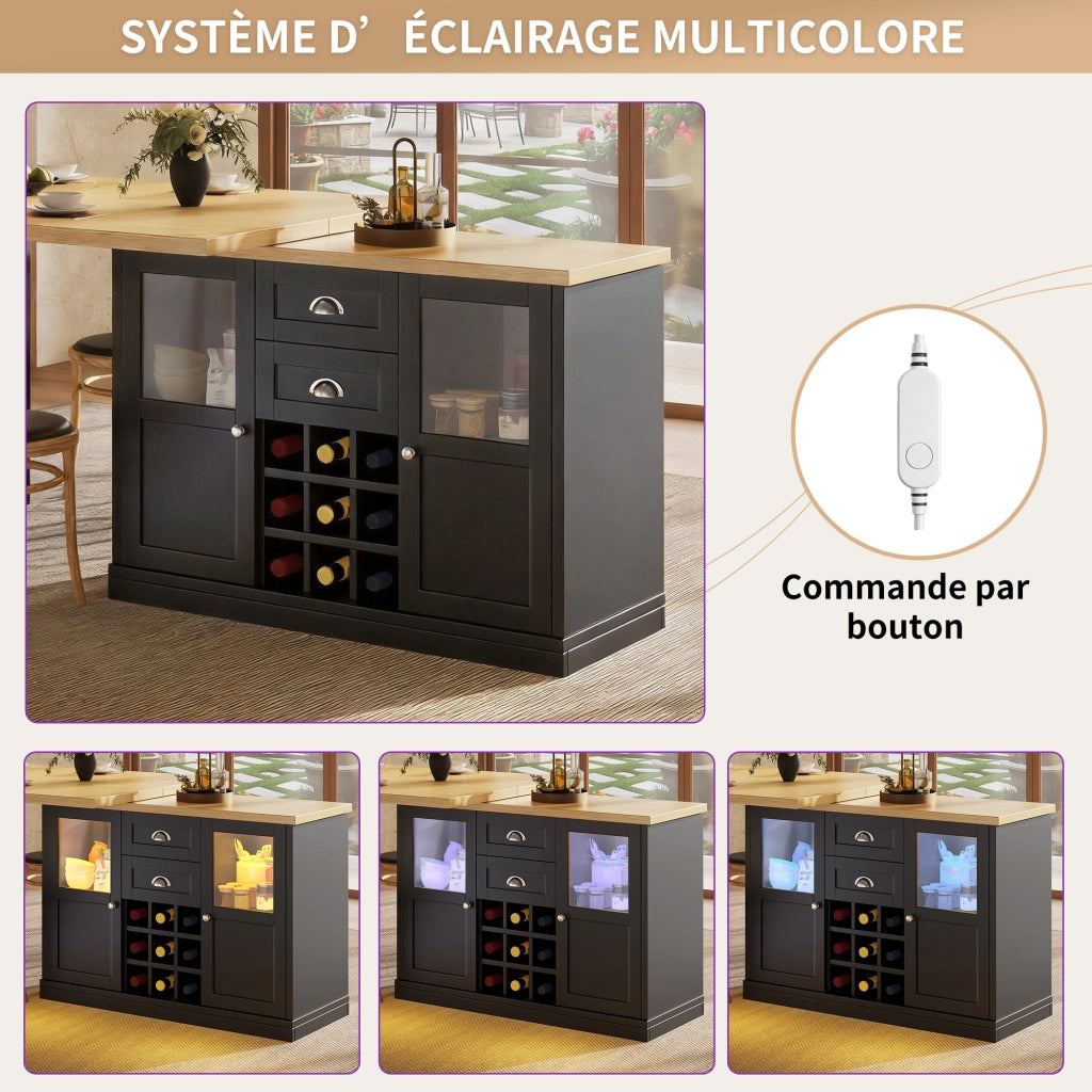 Tavolo da pranzo estensibile con LED a 3 colori; 2 cassetti; 2 armadietti con ante in vetro e portabottiglie; per cucina e soggiorno