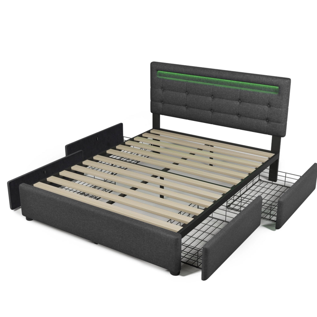 Letto matrimoniale – 140x200 cm – LED 4 cassetti con materasso – legno grigio