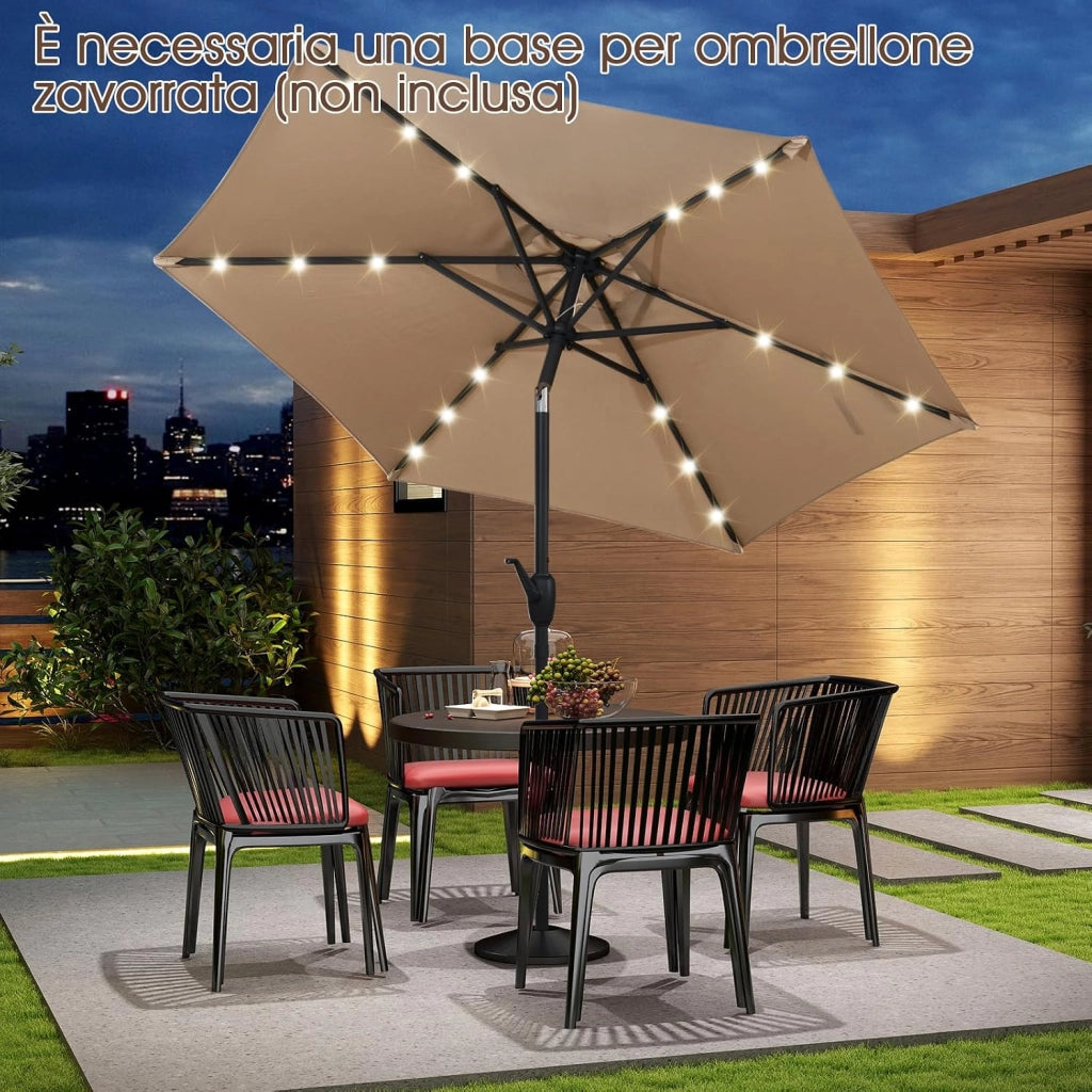 Ombrellone da Giardino 230 cm, Ombrello per Esterni con inclinazione Regolabile, 18 Luci LED, Manovella e Tettuccio Ventilato, Ombrello per Giardino, Cortile, Piscina (Beige)