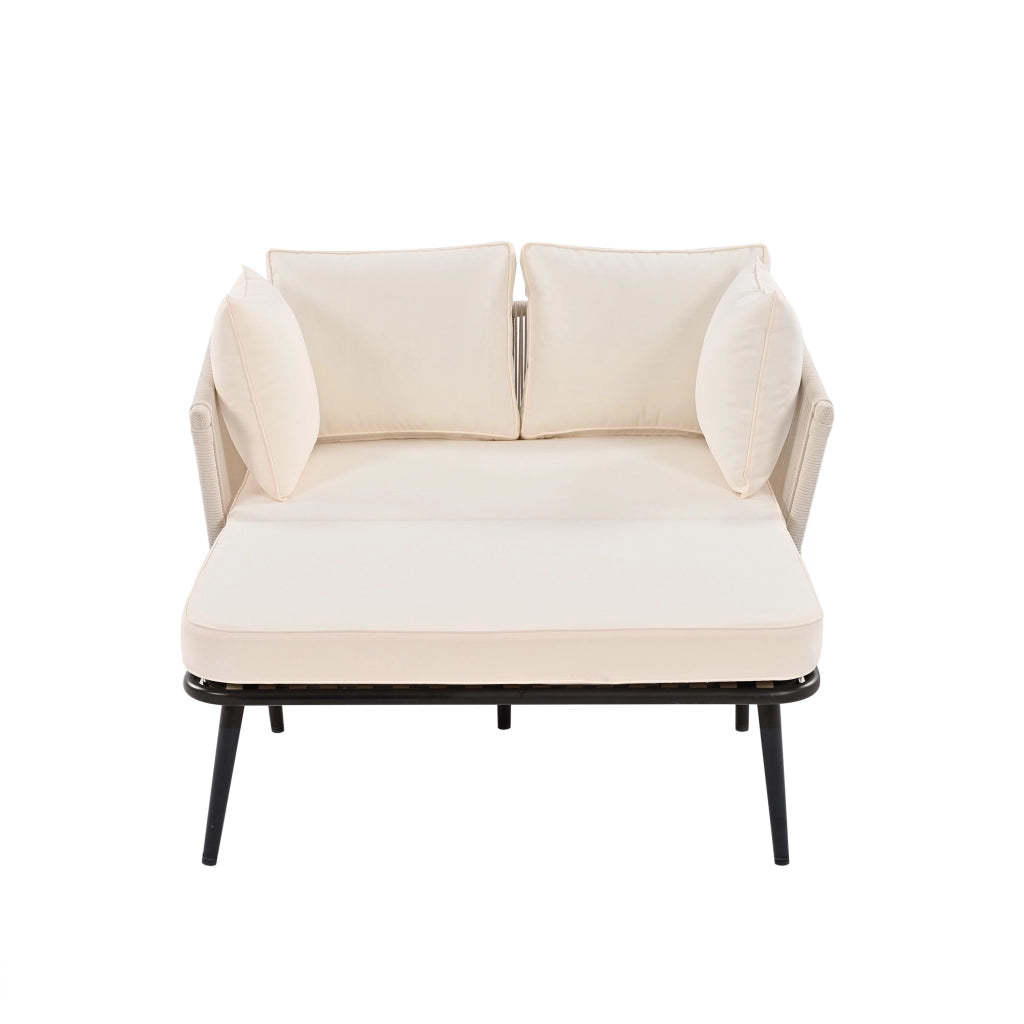 Chaise longue da giardino in acciaio zincato e poliestere beige con corda intrecciata cuscino sfoderabile