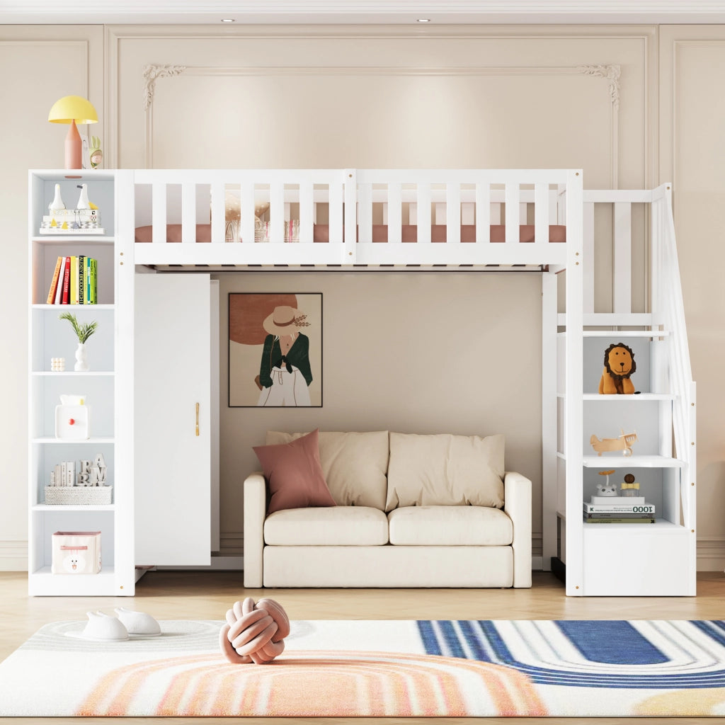 OKWISH Letto a soppalco 90×200 cm, Letto Singolo con Armadio, Mensole e Scala con Cassetti, senza Materasso, in Legno, Bianco