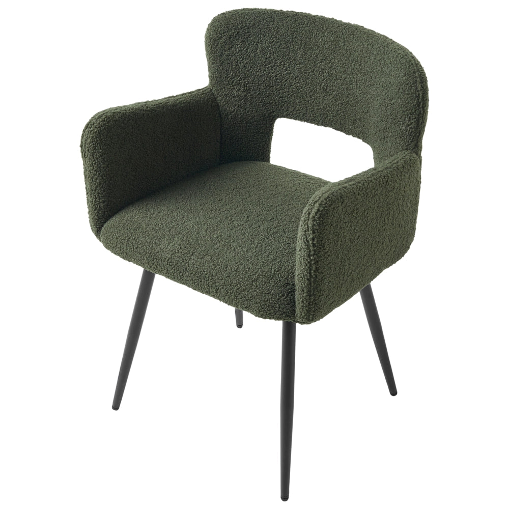 Set di 2 sedie da pranzo bouclè verde scuro braccioli schienale intagliato gambe in metallo moderna industriale