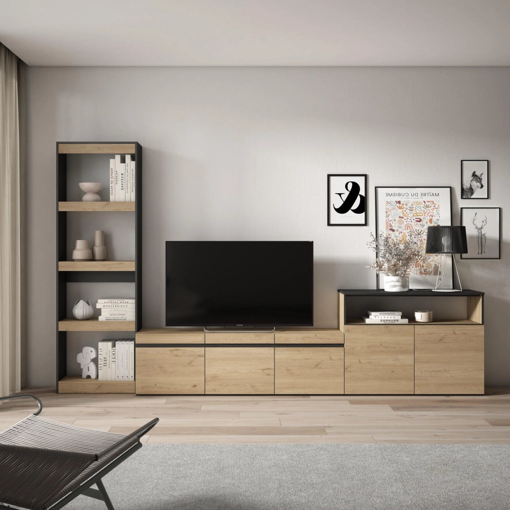 Mobile TV, Soggiorno, 310x35x186cm, Per TV fino a 65", Set di mobili, colore Rovere e nero RF3152