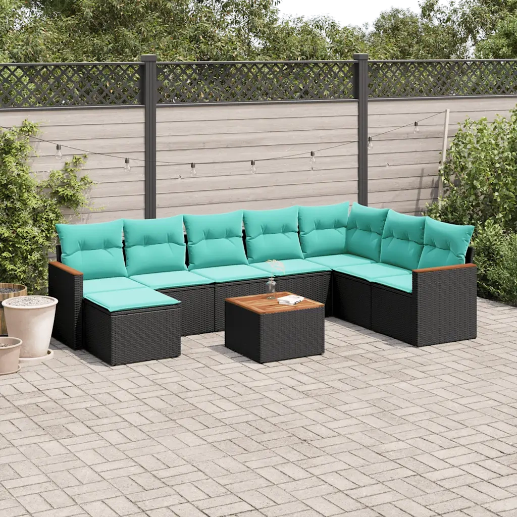 Set Divani da Giardino 9 pz con Cuscini Nero in Polyrattan 3226253
