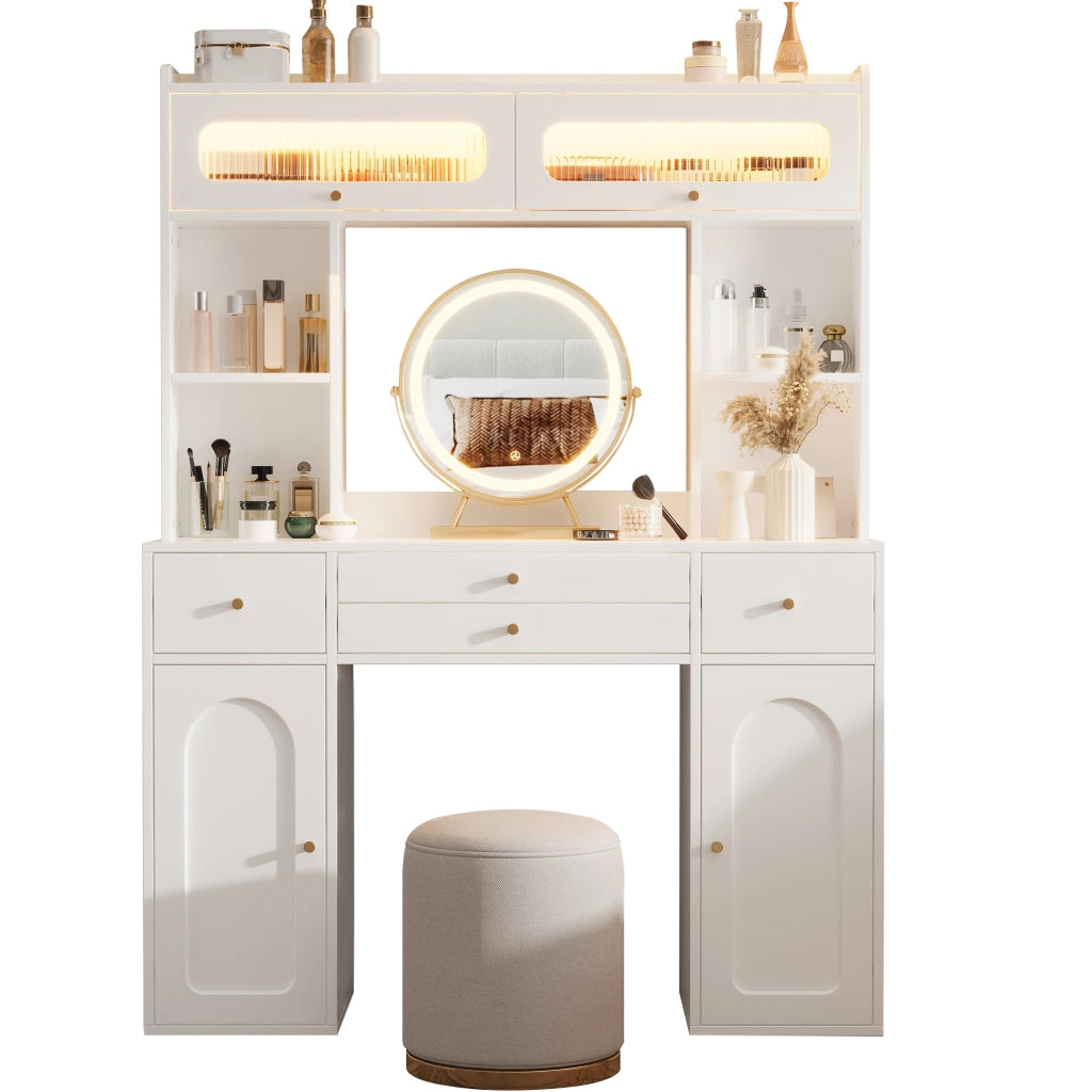 Tavolo da trucco con specchio rotondo, illuminazione LED, 4 cassetti, 4 vani aperti, 2 armadietti e 2 ante in vetro, bianco, 120¡Á40¡Á160 cm