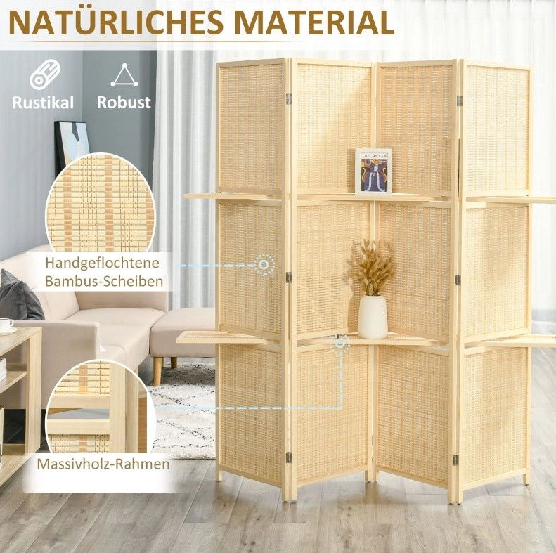 Divisorio pieghevole ULEVR in bamb¨´ naturale, 4 pannelli con 2 ripiani, 180x180 cm