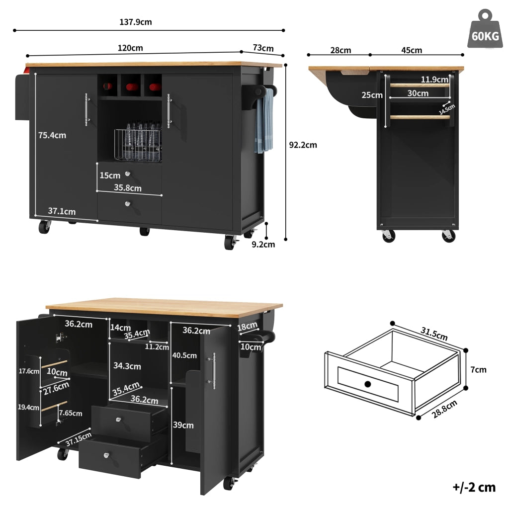 Carrello da cucina con 2 Cassetti; 2 Ante; Ripiani; Portasciugamani e Piano Pieghevole; in MDF; 137;9x45x92 cm; Nero