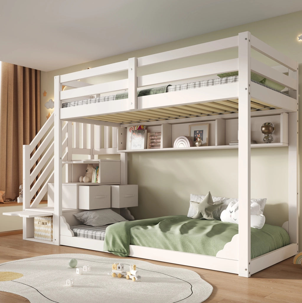 Letto a castello per bambini 90x200 cm con mobile scala e ripiani; legno di pino bianco