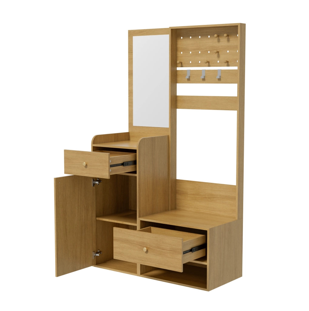 Mobile da ingresso con specchio; 2 cassetti e ganci regolabili; 105x38x180 cm; legno