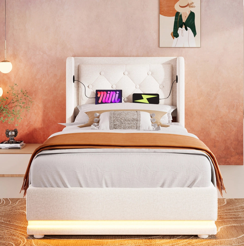 Letto imbottito 90x200 cm con contenitore, USB-C e LED in cotone beige