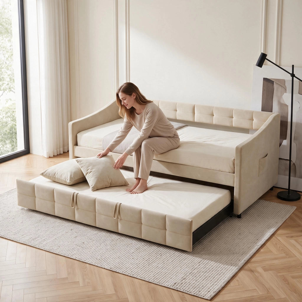 Divano letto matrimoniale 90x200cm;Estensibile in orizzontale;Non sollevabile;Velluto;Beige