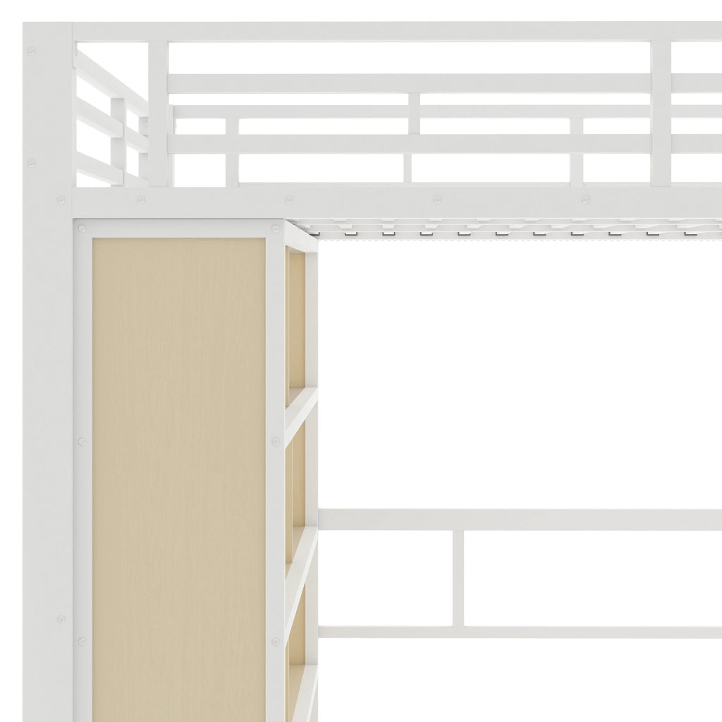 OKWISH Letto a soppalco 140×200 cm, Letto Matrimoniale con Scala Contenitore, Scrivania, Mensole e LED Regolabile, senza Materasso, Bianco
