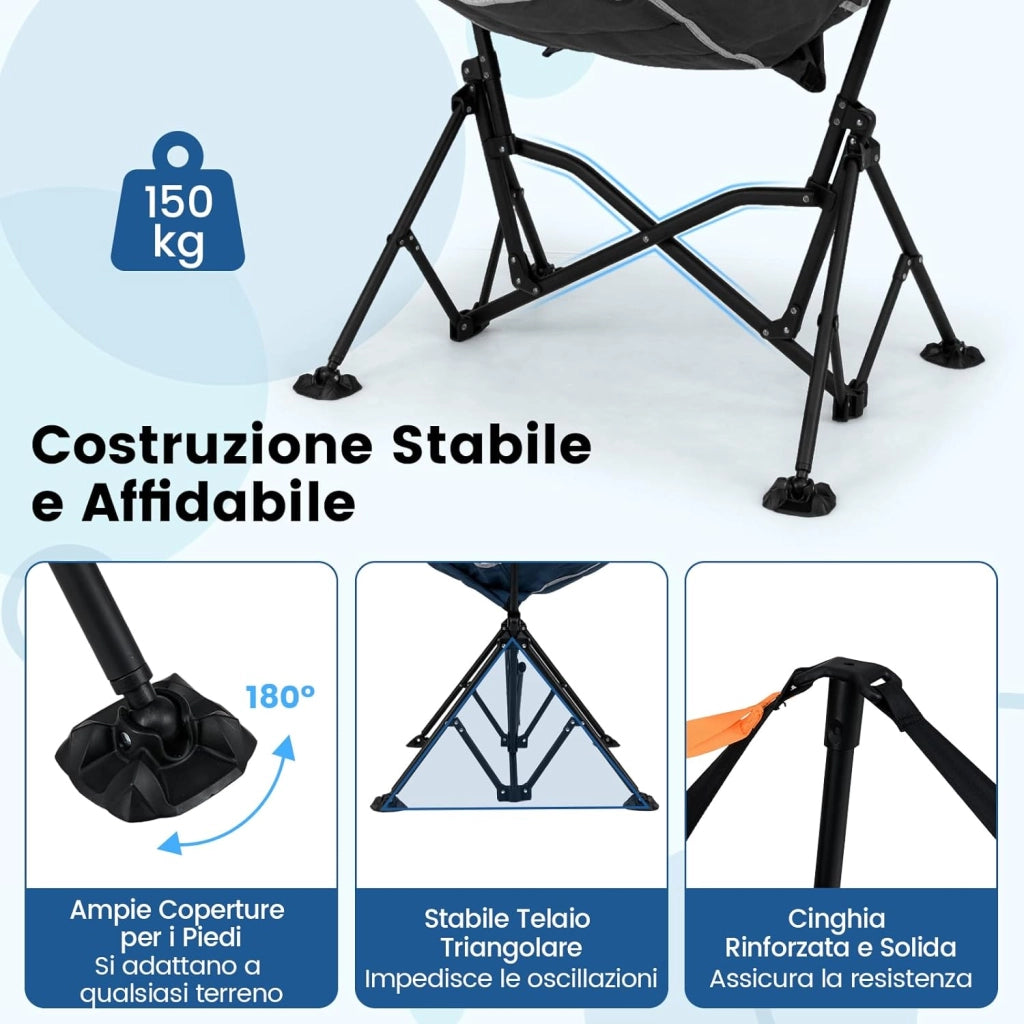 Sedia da Campeggio Amaca, Sedia a Dondolo Pieghevole con Portabicchieri, Schienale Regolabile, Poggiatesta, Sedile a Dondolo per Giardino, Patio, Prato, Portata 150 kg (Nero)