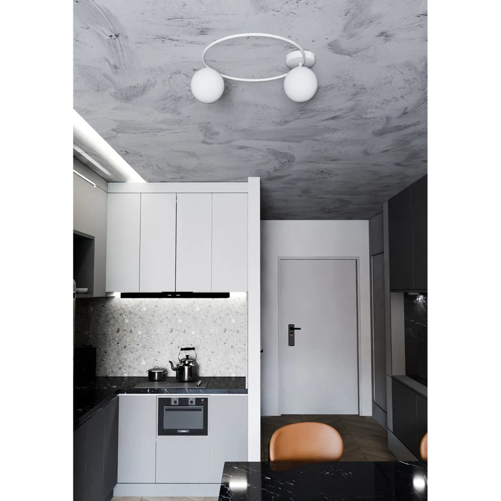 Plafoniera Minimal 2 Luci Perseo In Acciaio Bianco E Sfere In Vetro Bianco