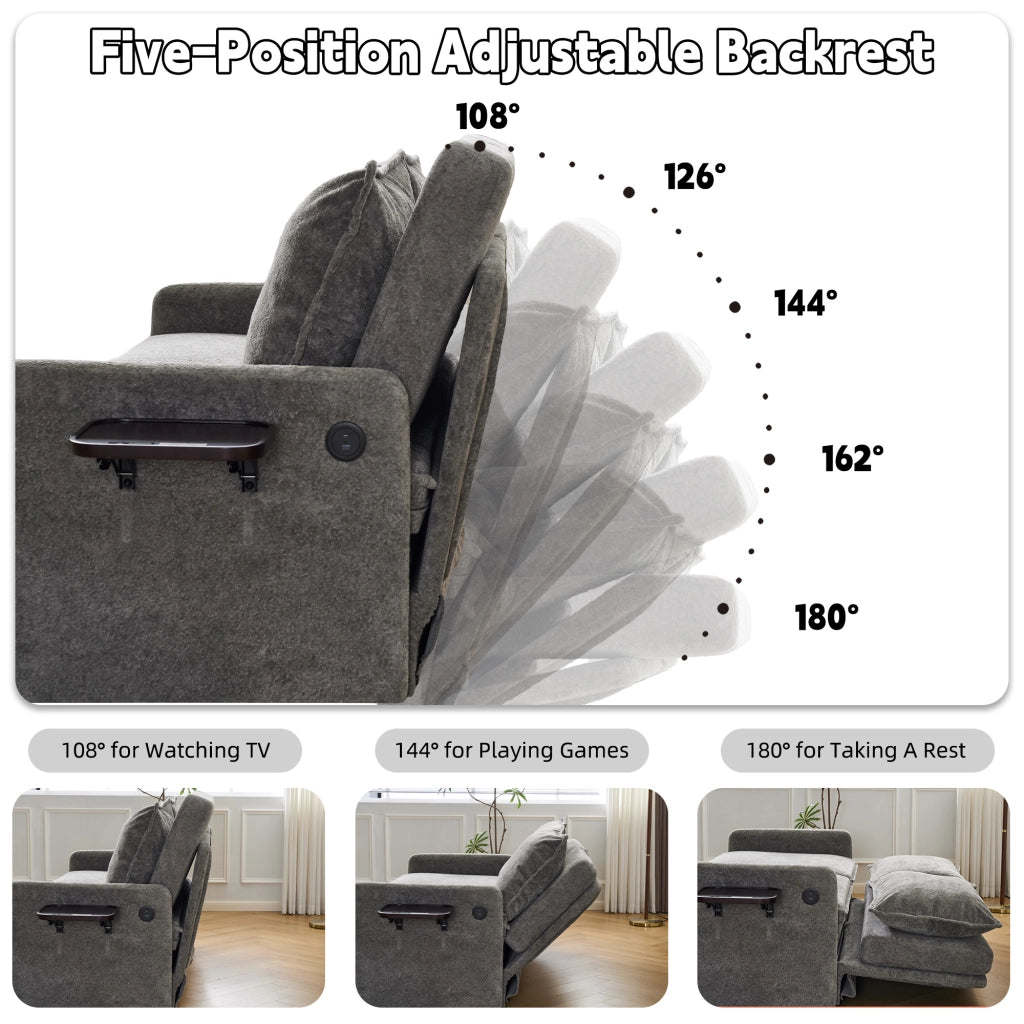 Divano letto con schienale regolabile a 5 posizioni, tasche laterali e porta USB Type-C, in ciniglia grigio