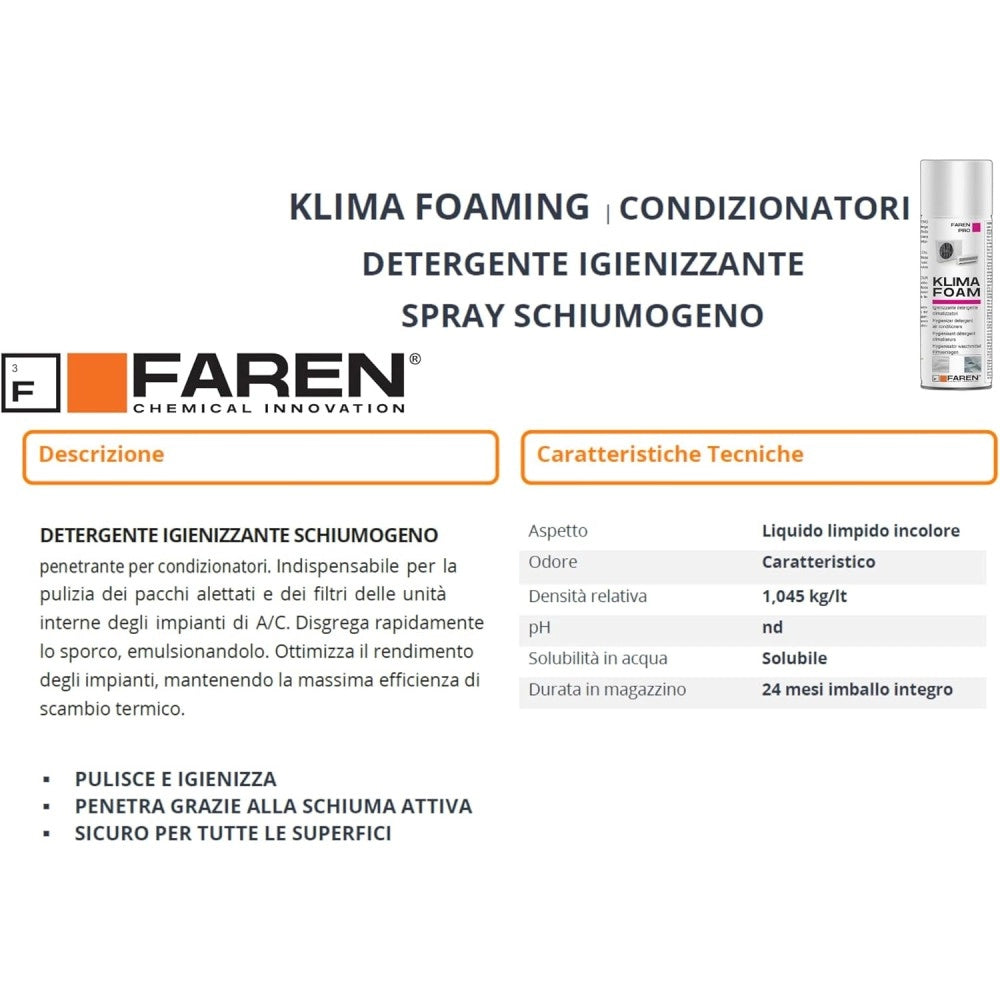 Faren klima foam 400ml pulitore spray schiumogeno igienizzante per climatizzatori