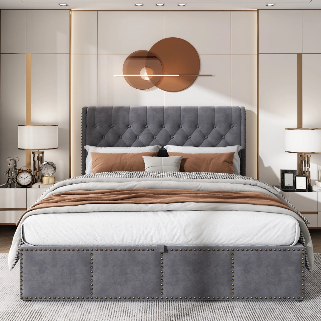 Letto matrimoniale in velluto grigio con contenitore 180x200 cm
