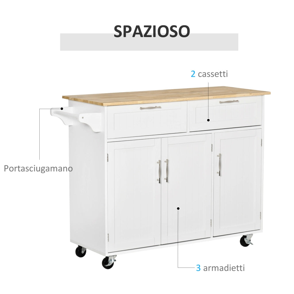 Carrello Cucina Legno con 2 Cassetti 3 Ante 4 Ruote ¨C Zephmum ¨C Bianco 121x46x91cm