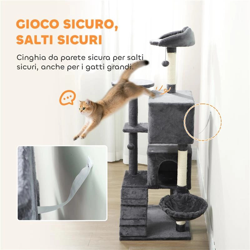 ALBERO PER GATTI ALTO 140 CM CON 2 CASETTE, LETTINO E AMACA PER 2-3 GATTI, RIVESTIMENTO PELUCHE, GRIGIO