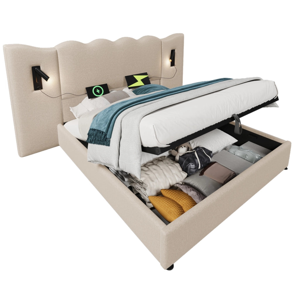 Letto matrimoniale 160x200 cm in lino beige con luce da lettura; USB Type-C e vano contenitore