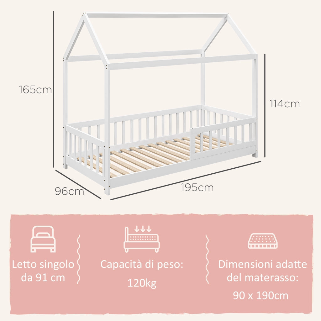 Struttura Letto per Bambini a Forma di Casetta con Doghe e Recinzione, in Legno di Pino, 96x195x165 cm, Bianco