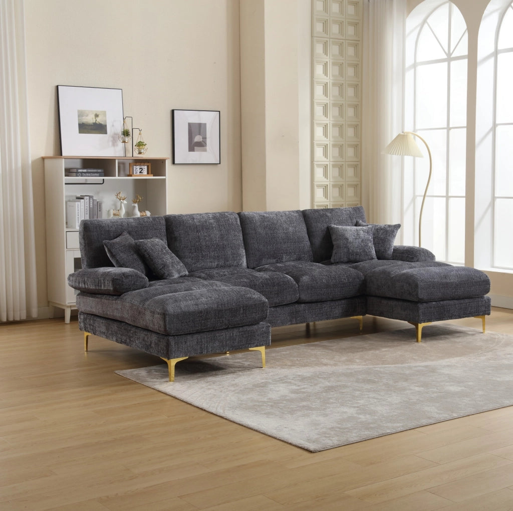 Divano modulare a U in ciniglia grigio con doppia chaise longue