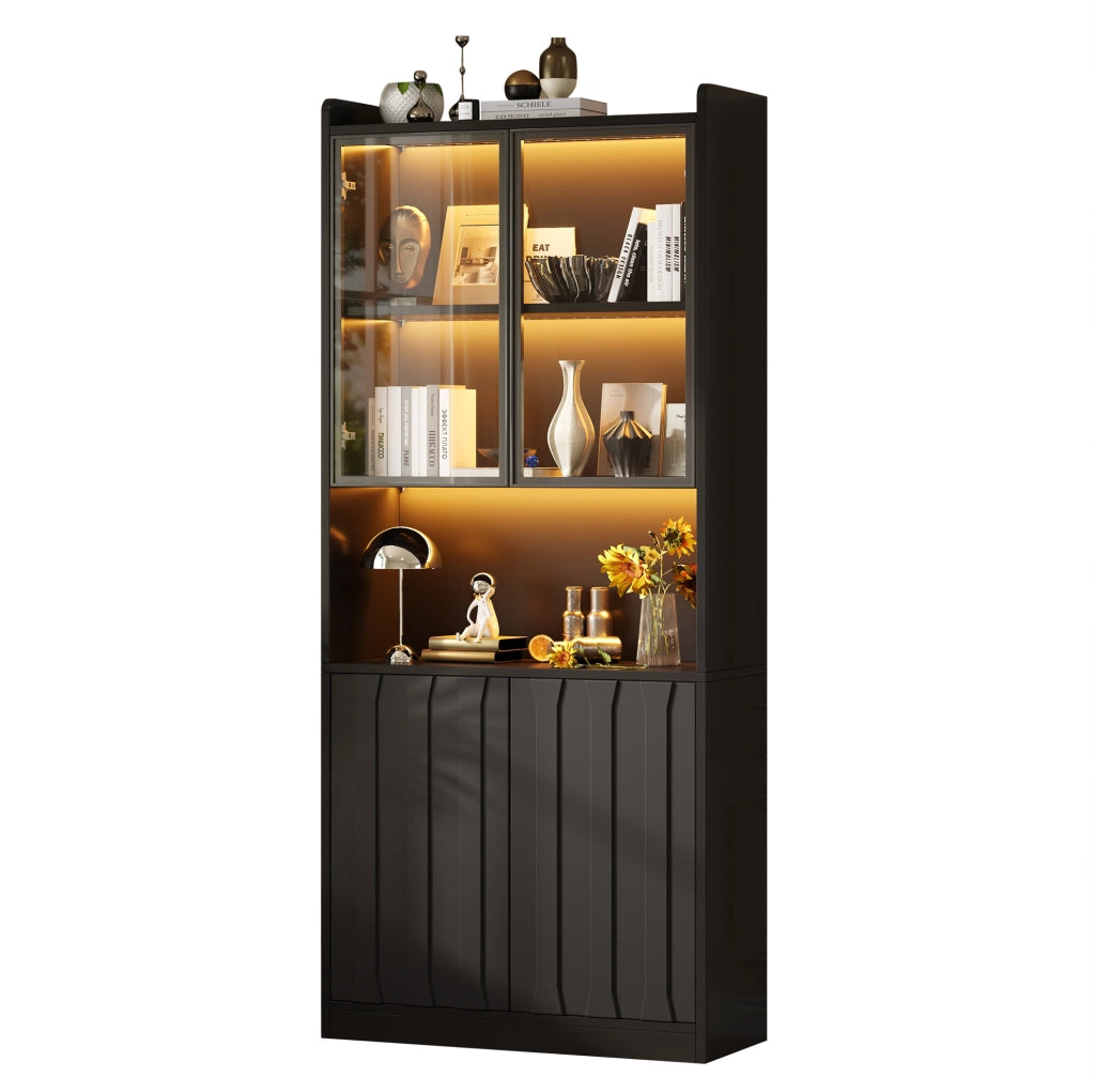 Vetrina alta con LED Bluetooth; 4 ante e ripiani regolabili; 80x35x200 cm; nera
