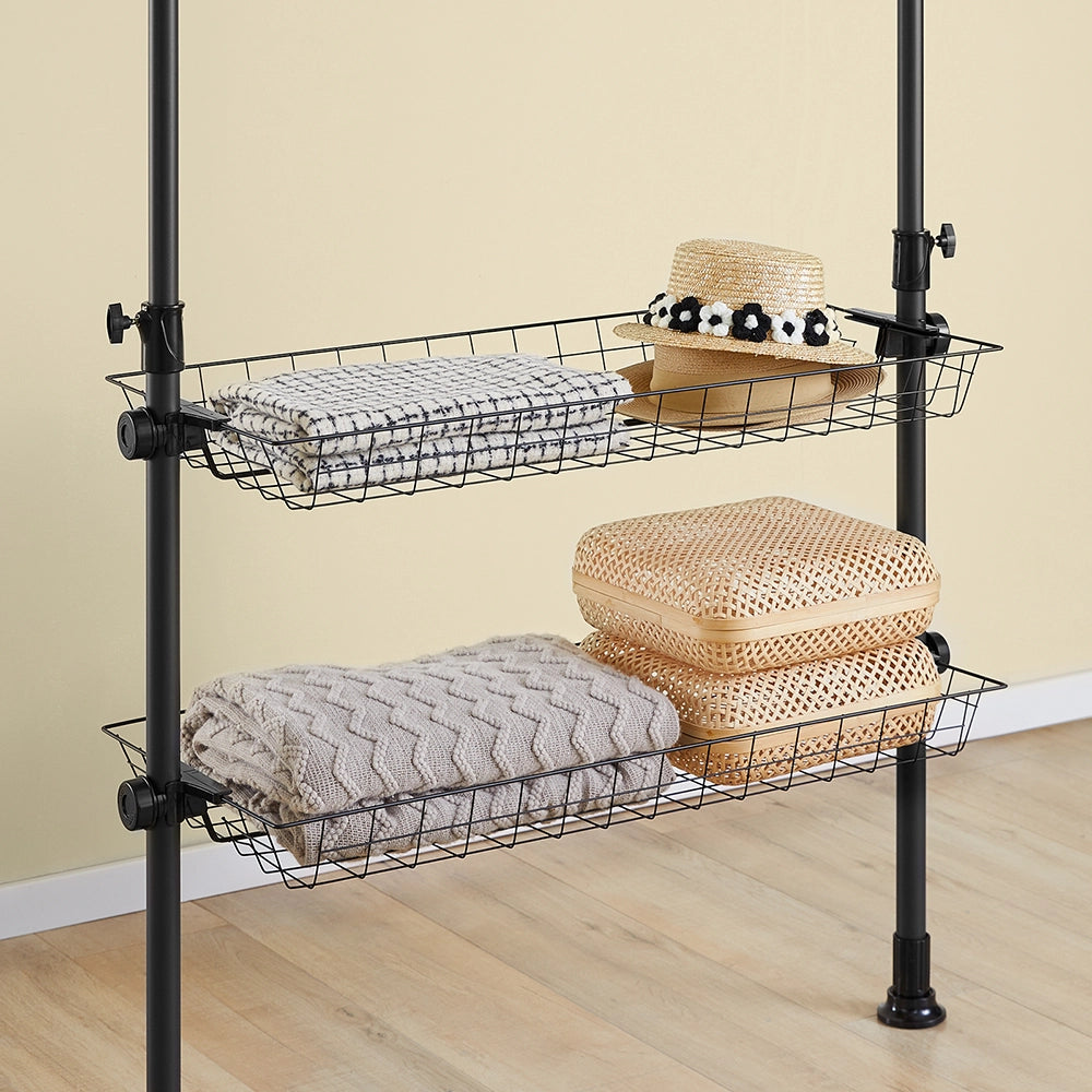 SoBuy KLS04-II-SCH Telescopic Appendiabiti da Terra, Robusto Stand Appendiabiti con Aste e Ripiani, Armadio Aperto Regolabile per Camera da Letto, Porta Abiti Nero