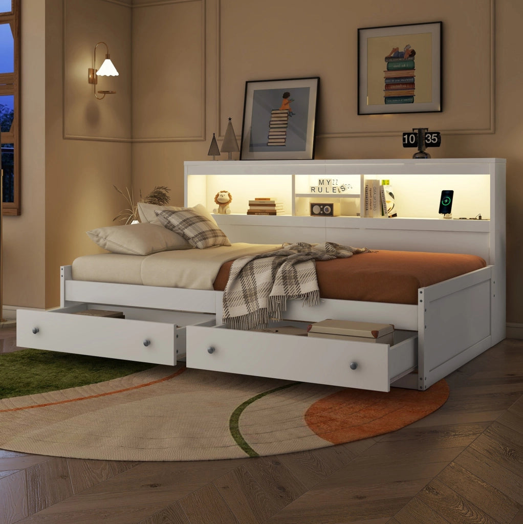 LETTO Daybed 90x200 cm con 2 cassetti, USB e LED Bianco