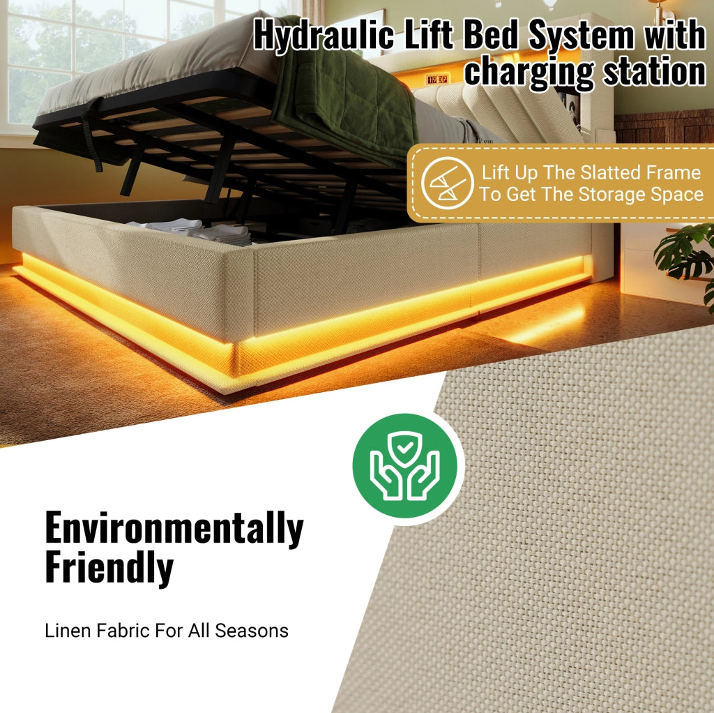 Letto contenitore imbottito ULEVR 160x200 cm con sollevamento idraulico, LED, USB e Type-C, materasso incluso, beige