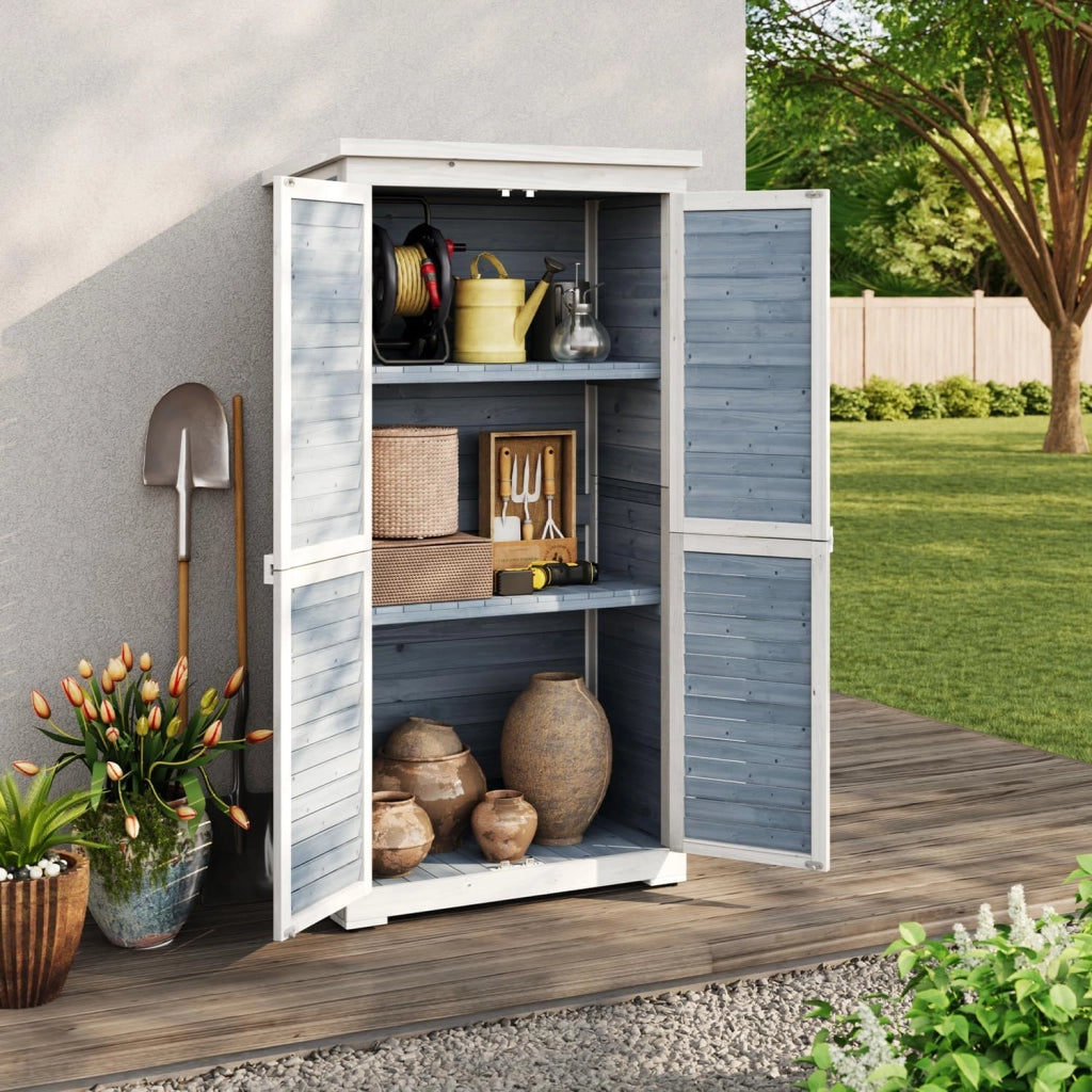 Armadio da Giardino in Legno 160 cm, Resistente agli Agenti Atmosferici con Tetto Inclinato e Dispositivo Bloccabile, Armadio per Attrezzi Esterno 47x87x160 cm Grigio (Grigio)