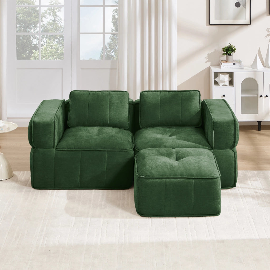 Divano modulare a 2 posti con pouf e base antiscivolo per soggiorno in poliestere verde