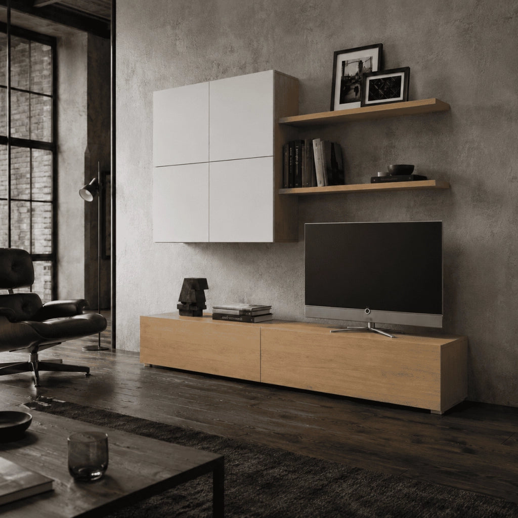 Parete Attrezzata Per Soggiorno Con Base TV 2 Ante Pensile 4 Ante E 2 Mensole Design Contemporaneo In Melaminico Facile Da Pulire Bianco E Rovere