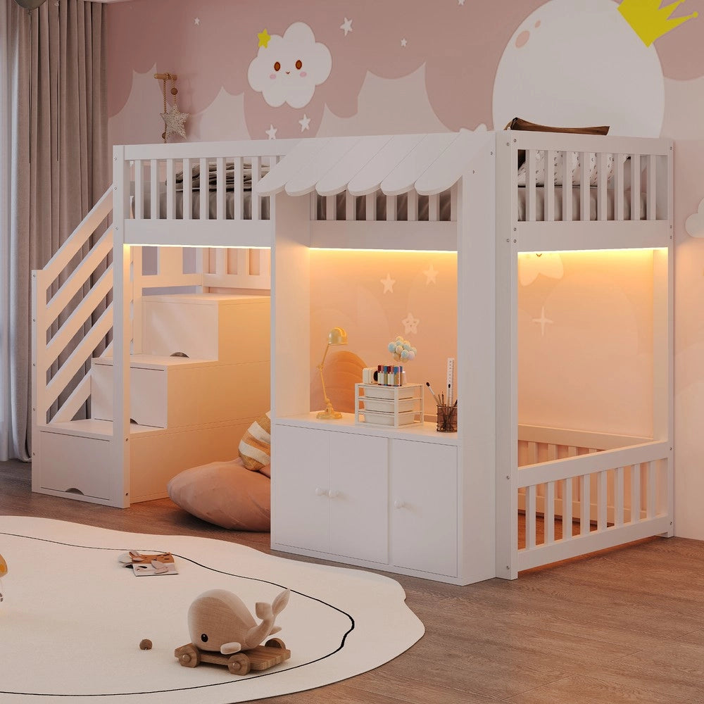Letto a Soppalco Singolo con Armadio, Scala, LED e Rete a Doghe ¨C Xylo ¨C Bianco 90x200