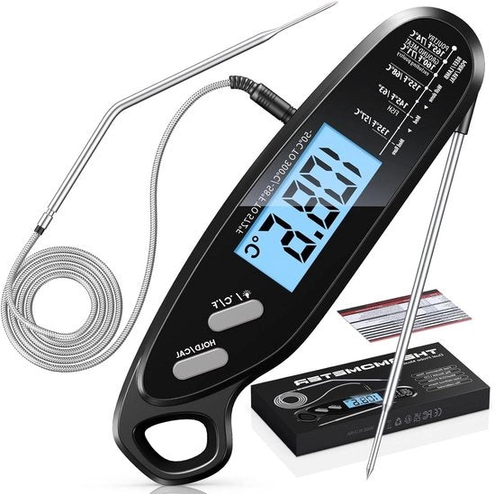 Termometro di cucina Premium con doppia sonde e illuminazione a retroilluminazione - Termometro per griglia per forno e BBQ - Incluso magnetico - Calibrazione - Adatto per carne, latte e altro.