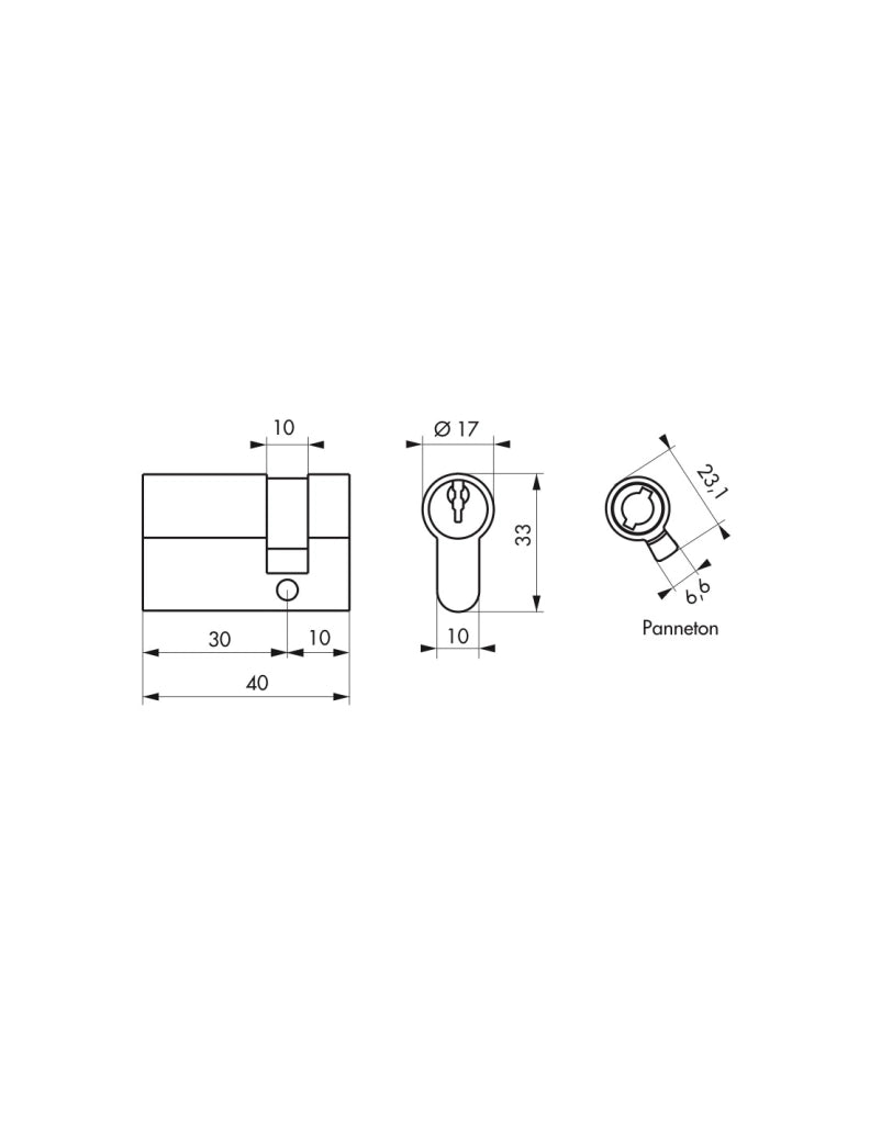 Semicilindro SA 30 x 10 mm finitura ottone, 3 chiavi con vite di 40 mm – THIRARD