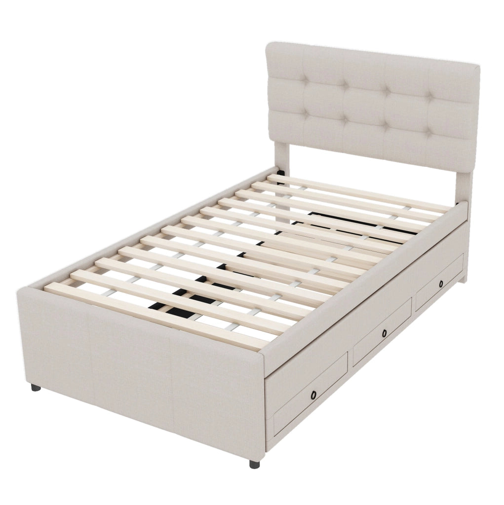 Letto singolo 90x200 cm; estraibile; 3 cassetti; testiera regolabile; lino; beige (Senza materasso)