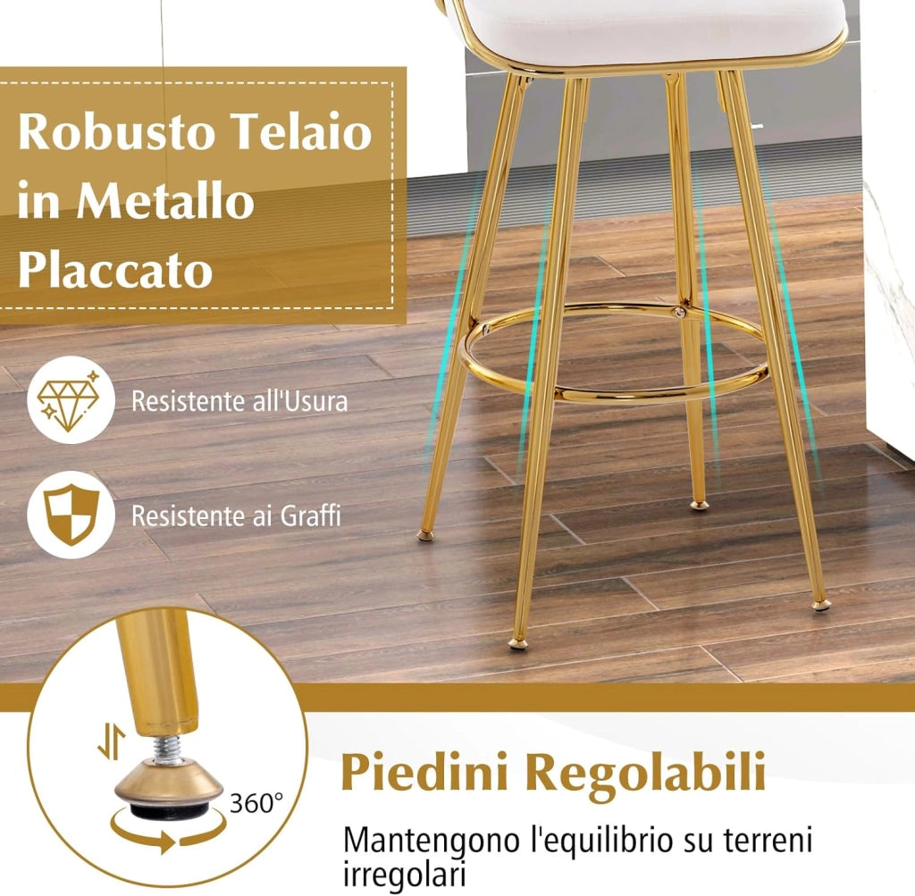 Set di 2 Sgabelli Bar in Velluto, Sgabello Bar di 73 cm con Schienale Intrecciato e Gambe in Metallo, con Schienale e Piedini Regolabili, per Cucina, Sala da Pranzo, Portata 200 kg(Bianco)