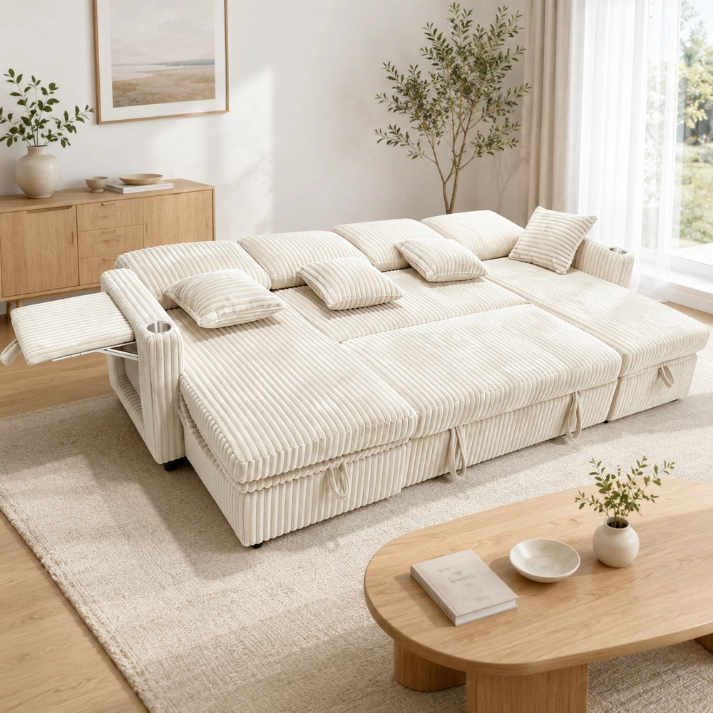 Divano letto ¨C Minimal ¨C Beige in tessuto con doppio spazio contenitore