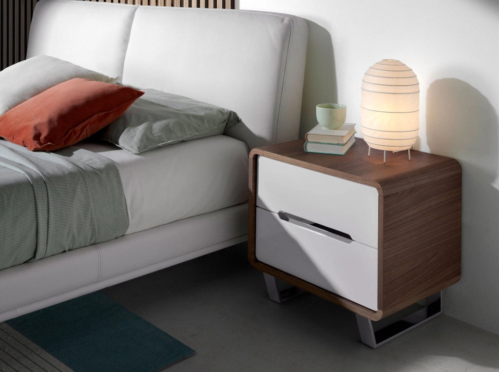 Comodino legno bianco, noce e acciaio cromato