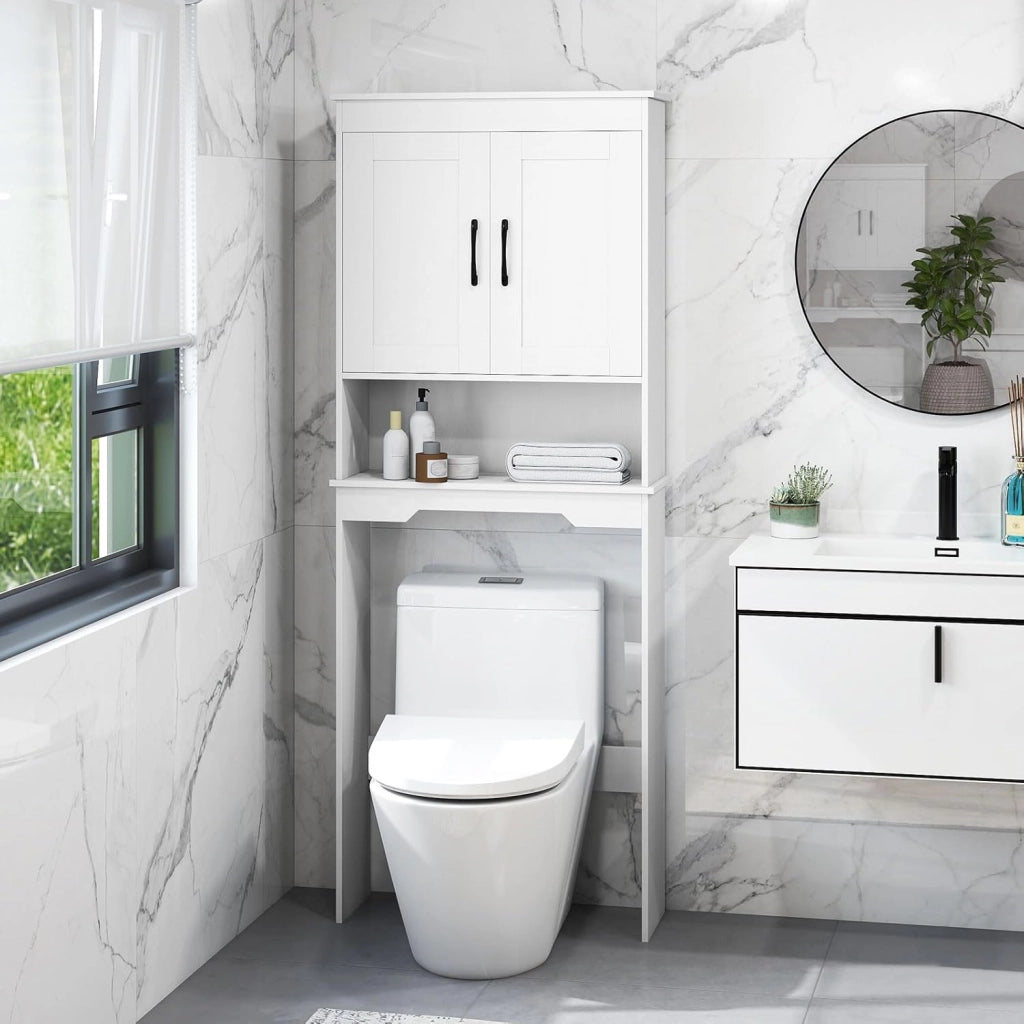 Mobiletto da Bagno sopra il WC, Mobile da Bagno Autoportante Alto 168 cm con 2 Ante e Ripiano Regolabile, Armadietto Salvaspazio sopra la Toilette per Lavanderia, 63 x 24 x 168 cm