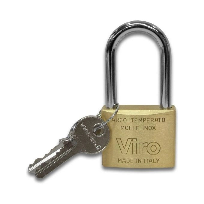 Viro 313 Lucchetto Rettangolare in Ottone Satinato Arco Lungo Antitaglio 50mm Arco 90mm Ø 8mm 2 Chiavi
