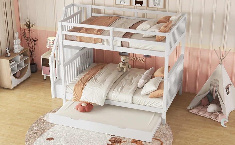 DESMIU Letto a castello 140 × 200 cm 3 posti con letto estraibile, con sponda, senza materasso, bianco