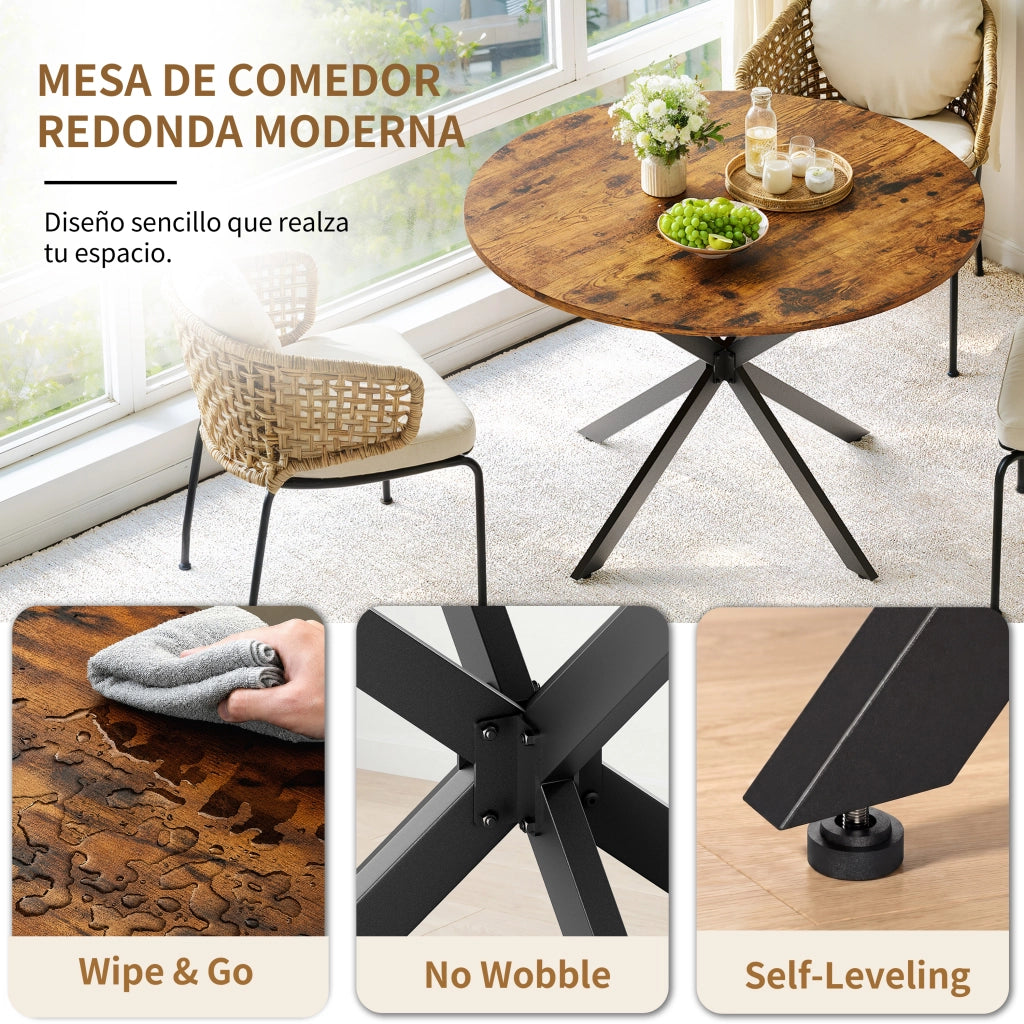 Tavolo da pranzo rotondo industriale con gambe a X in ferro, piano marrone vintage, Ø 120 cm
