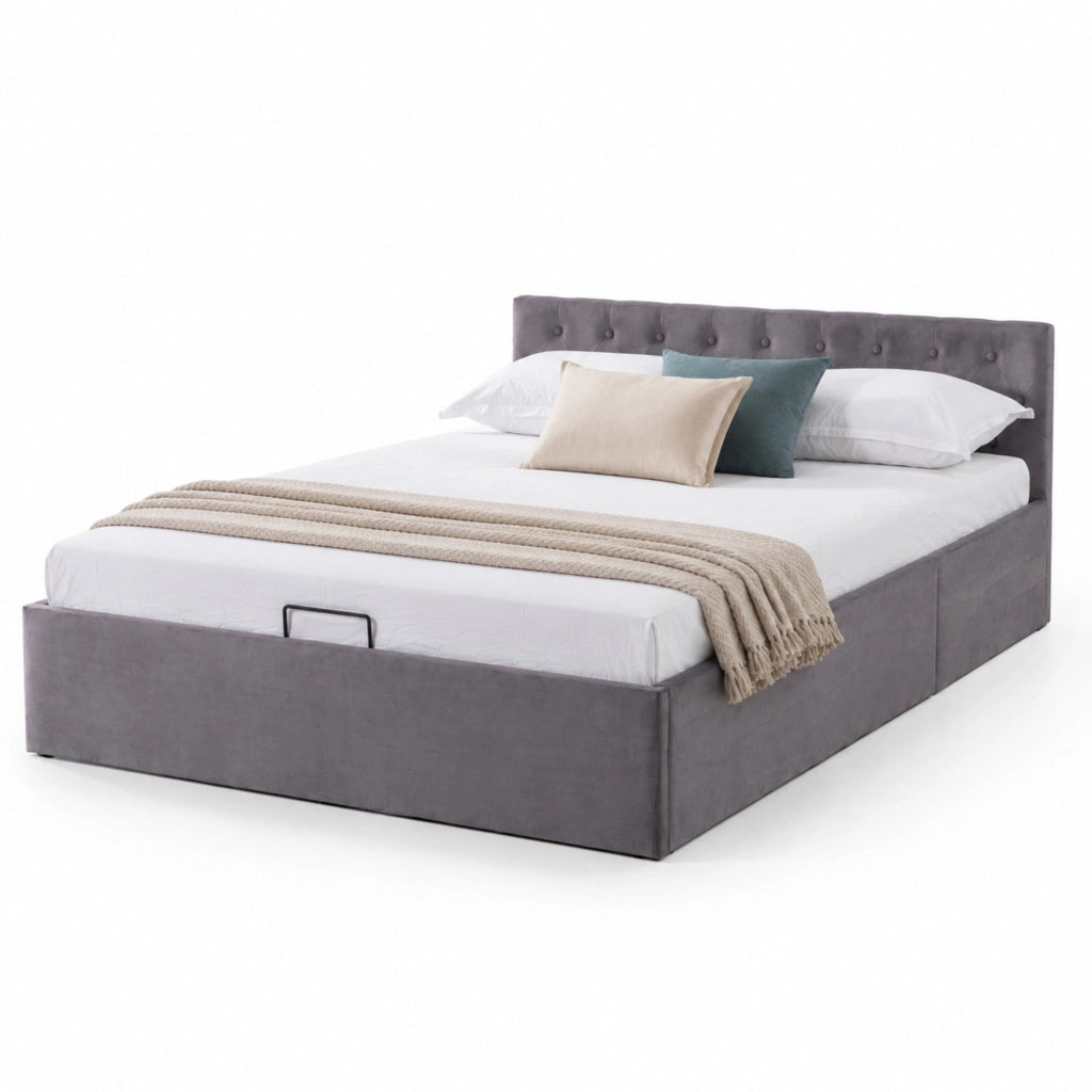 Letto matrimoniale in velluto grigio 140x200 cm con testiera capitonné e contenitore idraulico