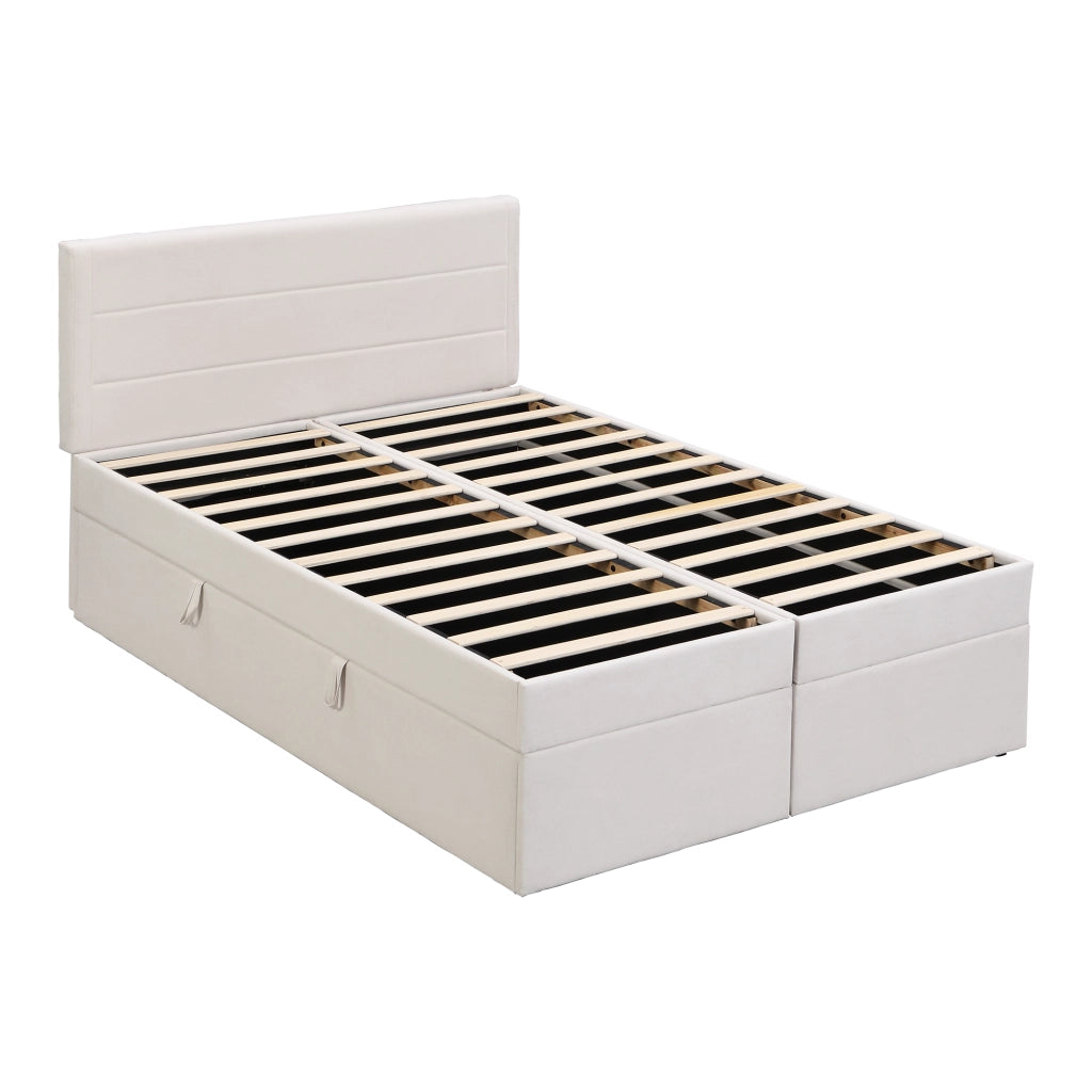 Letto matrimoniale imbottito 140x200 cm con rete sollevabile e grande contenitore, Beige