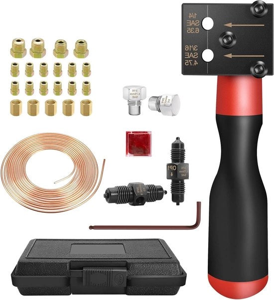 Set per autoremleidingi, felsappareto per SAE flaringen, felsappareto a doppia testa, diametro 4,75 mm remleiding, diametro 6,35 mm remleiding, diametro 7,62 mm remleiding, 16 connessioni, 5 connettori