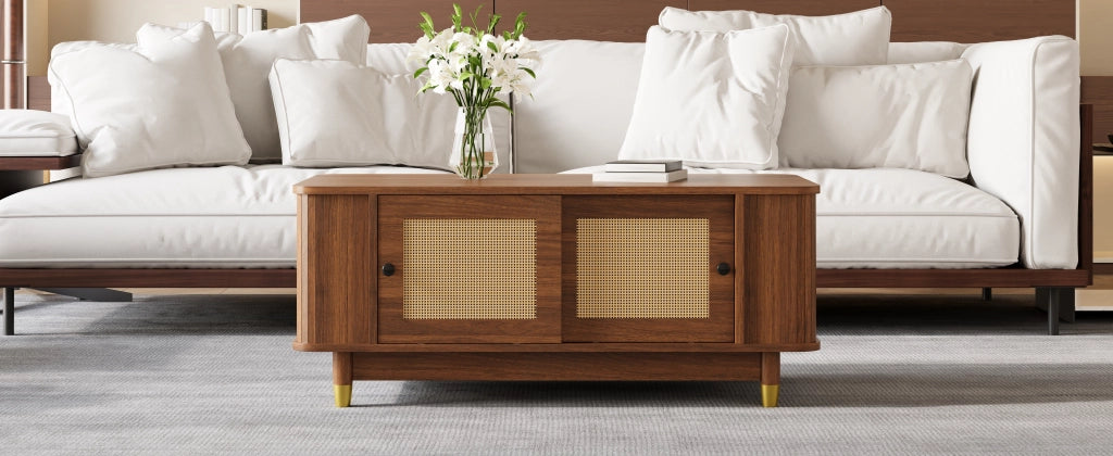 TAVOLINO da caffè con ante scorrevoli in rattan 100x50x42 cm MDF Noce