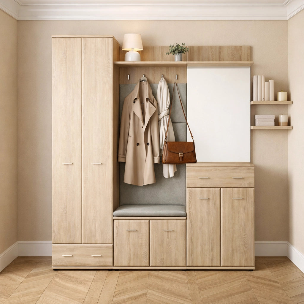 Mobile Ingresso Scarpiera Appendiabiti Imbottito Set Entrata Anta Specchio Vani Guardaroba Ganci Armadio Mobiletto Multifunzione Salvaspazio Corridoio Casa Design Moderno 180 x 32 x 203 Cm Rovere