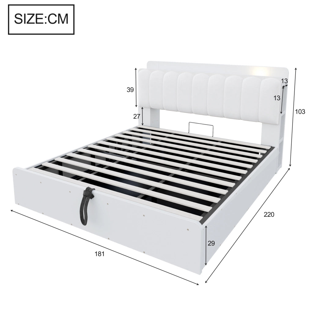 LETTO contenitore 180x200 cm in legno bianco con testiera imbottita e USB